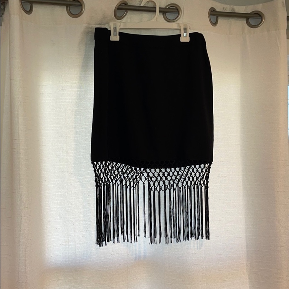 trina turk black mini fringe skirt